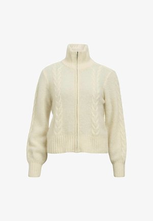 Kremowy sweter dzianinowy z wysokim kołnierzem, zamek błyskawiczny oraz warkoczowe detale na rękawach. Posiada ściągacze przy mankietach i u dołu. Miękka tekstura.