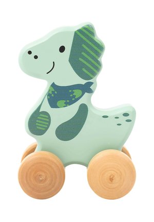 Wooden toy dinosaur in soft green, featuring a smiling face and patterned accents in darker green. It has four light wooden wheels.