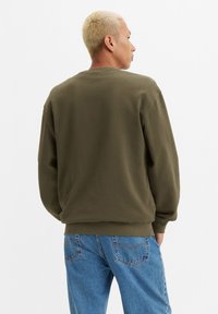 Olivenfarget genser med lange ermer, avslappet passform, ribbede mansjetter og nederkant, brukt med blå denimjeans. Glatt tekstur, uformelt design.