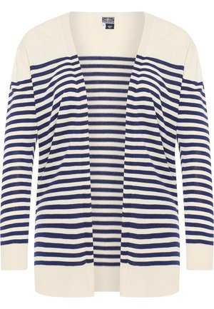 Tumesinine ja kreemjastriibuline kardigan, millel on vaba lõige, avatud esisärg ja pikad varrukad. Sile kudum, ribatakistuste ja allääriga.