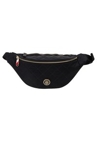 Sac banane matelassé noir avec fermeture éclair dorée, sangle réglable et petit logo rond doré à l'avant.