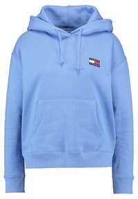 Ljusblå hoodie med dragsko i huvan, framficka, ribbade ärmslut och nederkant. Har en liten märkespatch på bröstet.