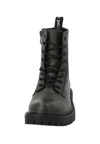 Dunkelgrüner Lederstiefel bis zum Knöchel mit abgerundetem Zehenbereich, Schnürsenkeln, seitlichem Reißverschluss und dicker schwarzer Gummisohle mit Profilmuster. Zuglasche am Schaft.