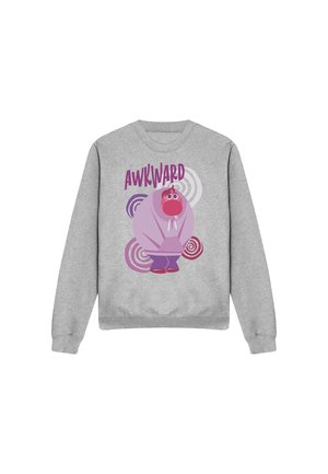 Gray sweatshirt with purple cartoon figure hunched over and the word "AWKWARD" above surrounded by circular patterns in purple and pink tones.