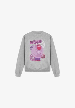 Gray sweatshirt with purple cartoon figure hunched over and the word "AWKWARD" above surrounded by circular patterns in purple and pink tones.