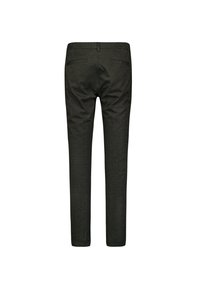 Dark green, slim-fit trousers made of textured fabric, featuring side and back pockets, with a straight leg cut and no visible embellishments.