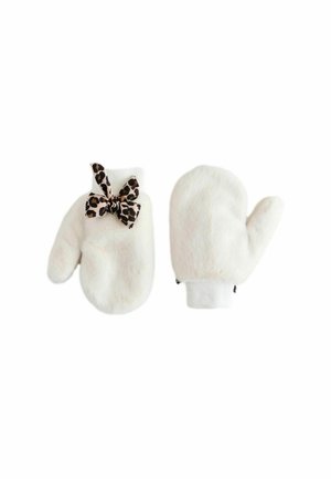 Moufles en fourrure blanche avec des poignets côtelés ; la moufle gauche présente un accent nœud à imprimé léopard. Texture douce, forme arrondie et ouvertures élastiquées.
