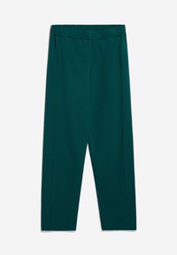Mintkleurige, zachte stofbroek met een elastische tailleband, rechtvallend ontwerp en zijplooien. Geen zichtbare zakken, gladde textuur.