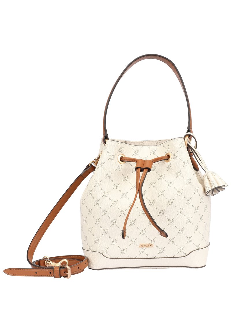 Torebka w kształcie wiadra z fakturowanego kremowego materiału, z złotymi akcentami i zaciągnięciem na sznurek. Posiada brązowy skórzany uchwyt oraz odpinany pasek.