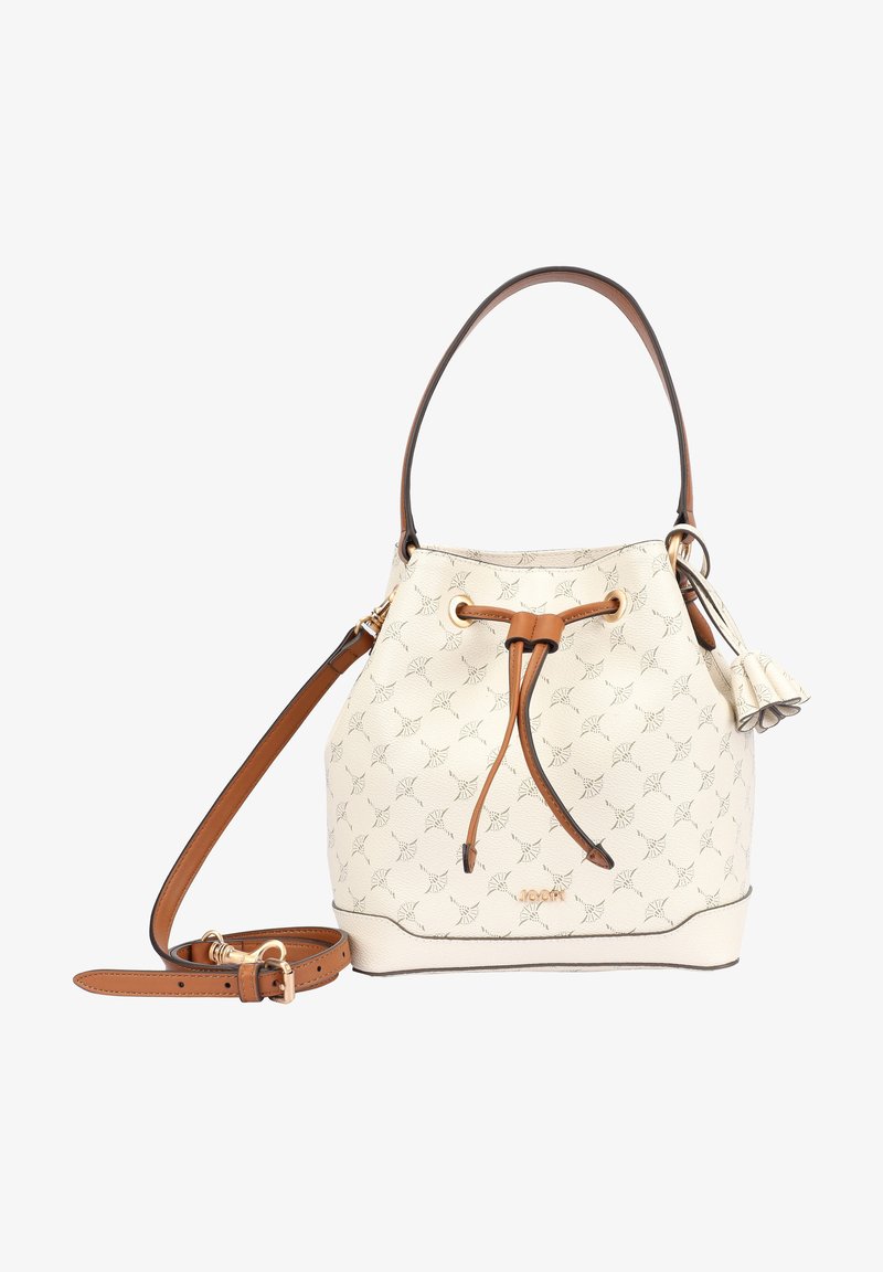 Torebka w kształcie wiadra z fakturowanego kremowego materiału, z złotymi akcentami i zaciągnięciem na sznurek. Posiada brązowy skórzany uchwyt oraz odpinany pasek.