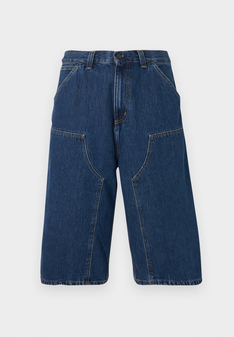 Mørkeblå vidbenede denimshorts med forlommer, bæltestropper og knaplukning.