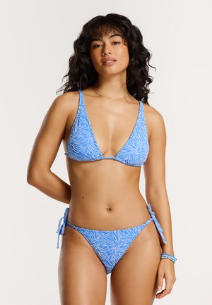 Blue bikini set featuring a triangular top and tie-side bottoms, made from smooth fabric with a white wave pattern.