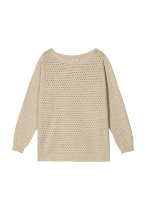 Beige strikket sweater med løs pasform, rund halsudskæring og lange ærmer med et tekstureret åbent vævemønster over det hele.