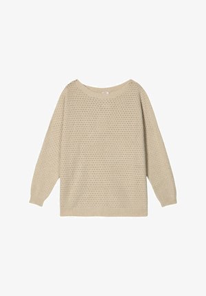 Maglione beige lavorato a maglia con vestibilità ampia, scollo rotondo e maniche lunghe caratterizzate da un motivo traforato testurizzato su tutta la superficie.