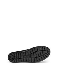 Suela de zapato de goma negra con un diseño texturizado y un patrón en la suela para mayor tracción. El diseño incluye un talón curvado y un detalle del logo en el centro.