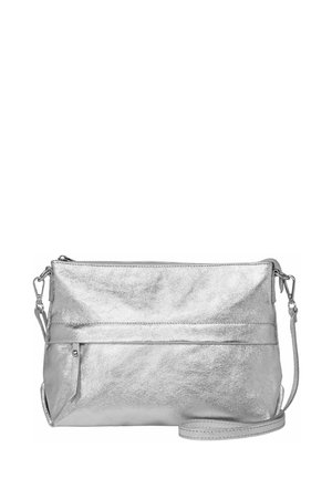 Silver metallic leather crossbody bag with zipper closure, front pocket, and adjustable strap. Smooth texture with minimalistic design.