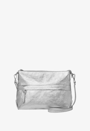 Silver metallic leather crossbody bag with zipper closure, front pocket, and adjustable strap. Smooth texture with minimalistic design.