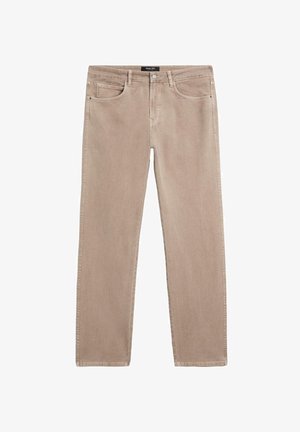 Jeans in denim beige con taglio dritto. Presentano cinque tasche, chiusura con bottone e passanti per cintura. Texture liscia con leggere sfumature.
