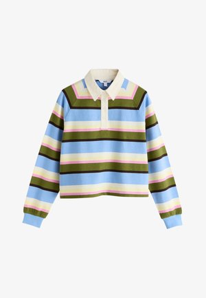 Long-sleeve polo shirt with wide horizontal stripes in blue, green, pink, cream, and brown, featuring a white collar and button placket.
