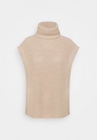 Beige strikket poncho med høj krave, brede ærmegab og ribbet struktur. Simpelt design, letvægts og afslappet pasform.
