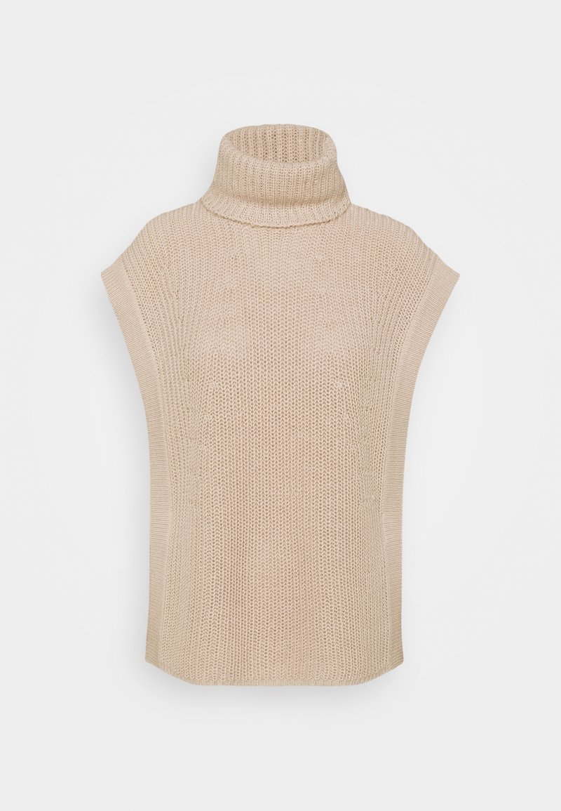 Poncho de punto beige con cuello alto, amplios huecos para los brazos y textura acanalada. Diseño sencillo, ligero y con un ajuste holgado.