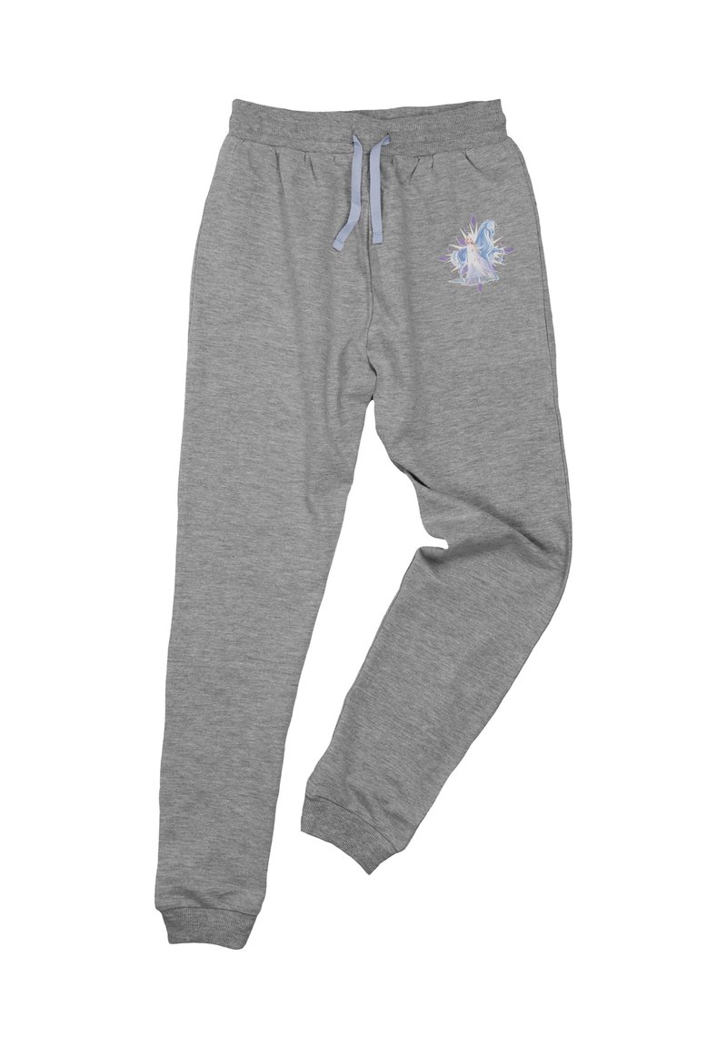 Pantaloni della tuta grigi realizzati in tessuto morbido, con una vestibilità comoda, vita elastica con cordino e una grafica colorata sulla gamba.