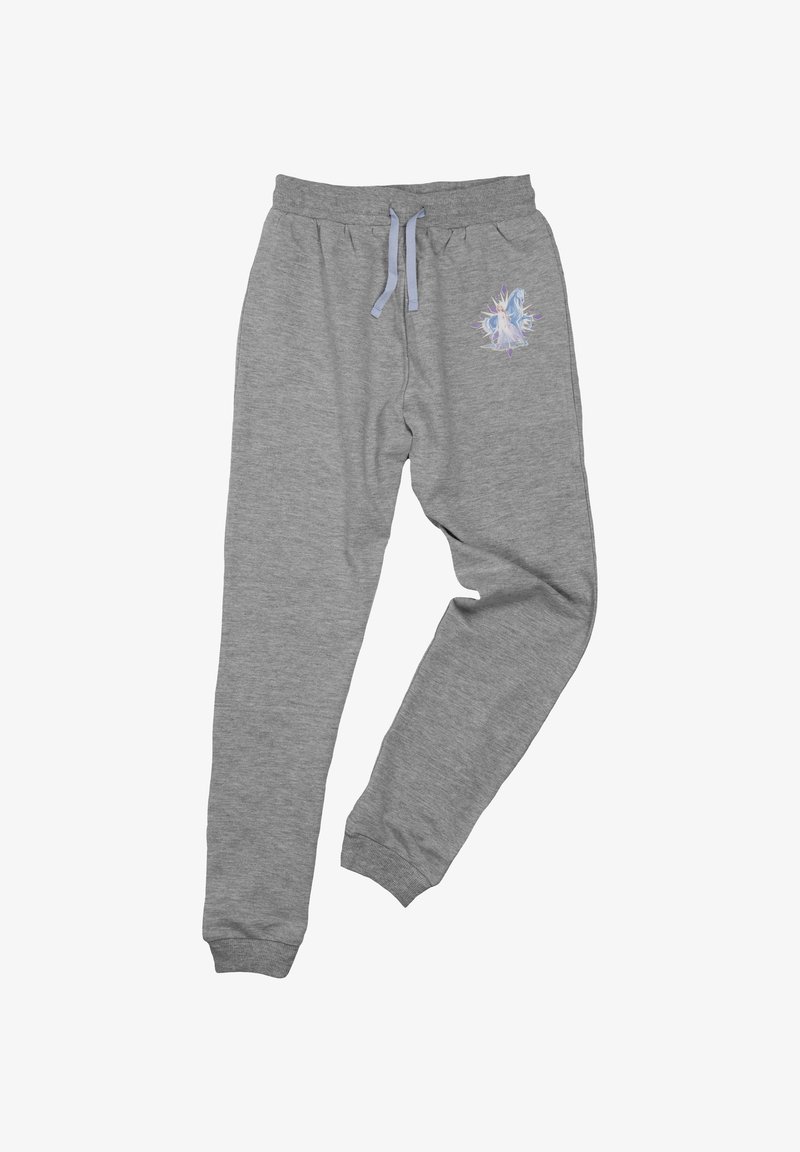 Pantaloni della tuta grigi realizzati in tessuto morbido, con una vestibilità comoda, vita elastica con cordino e una grafica colorata sulla gamba.