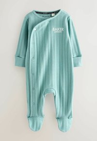 Błękitnozielone body dla niemowląt z prążkowaną fakturą, długimi rękawami, zapięciem na zatrzaski z przodu oraz nogawkami zakrywającymi stopy. Na przodzie znajduje się logo "BAKER LONDON".