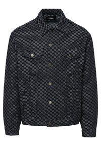 Dark denim jacket with houndstooth pattern, button closures, two chest pockets, and a collared neck. Textured fabric with a fitted design.