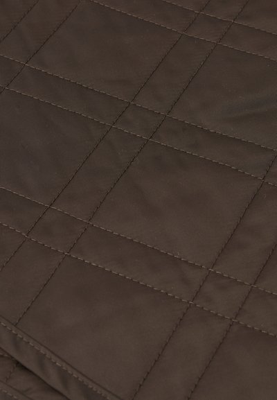 Brown quilted fabric with a smooth texture, featuring a grid pattern stitched with light thread. Suitable for outerwear or bedding.