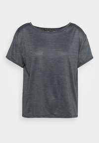 Kortärmad t-shirt med rund halsringning i mörkgrått, med en subtil randig textur och avslappnad passform. Blandning av bomull för att ge komfort.