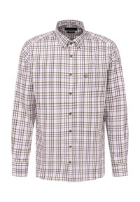 Kariertes Button-up-Hemd in Weiß, Braun und Lila. Mit einem Kragen, langen Ärmeln und einer einzelnen Brusttasche mit Logo.