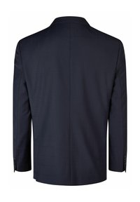 Marineblazer mit strukturiertem Design, ausgestattet mit einem Schlitz und zwei Knopfmanschetten. Strukturierter Stoff mit dezentem Karomuster.