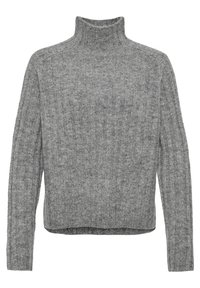 Pull à col roulé tricoté gris avec manches longues et texture côtelée, conçu pour la chaleur et le confort.