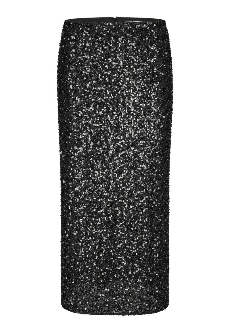 Zwart pailletten kokerrok met een getailleerde silhouet. Bevat fonkelende pailletten die dicht op elkaar zijn gerangschikt, een gladde textuur, een midi-lengte ontwerp en een ritssluiting aan de achterkant.