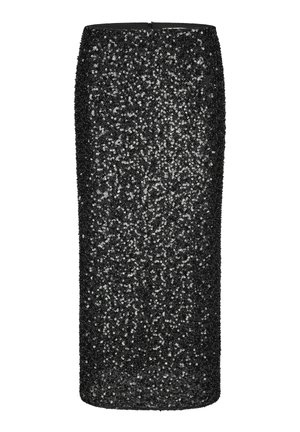 Sort palietpencil nederdel med en tætsiddende silhuet. Har skinnende paletter tæt arrangeret, glat tekstur, mellemlang design og bag lynlås.