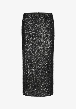 Mustapintsikka hame, jossa on tiivis siluetti. Ominaisuuksia ovat säihkivät paljetit tiheästi järjestettyinä, sileä pinta, puolipitkä muotoilu ja takataskuvetoketju.