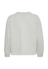 Sweat-shirt à manches longues gris clair avec poignets côtelés et encolure ronde, vu de dos sur un fond blanc.