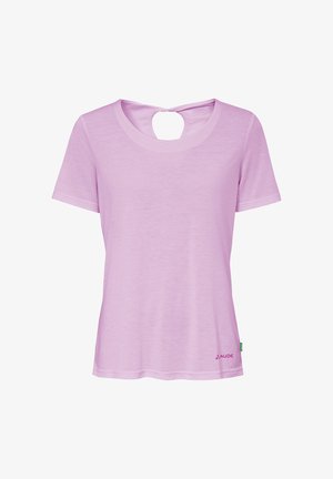 Lavendelfarbenes Damen-T-Shirt mit kurzen Ärmeln, Rundhalsausschnitt und Schlüsselloch-Ausschnitt auf der Rückseite, leichtes Material, Markenlogo in der Nähe des Saums.