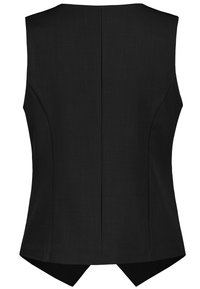 Musta muotolöydös hihaton liivi, jossa on hieman levenevä helma, jyrkät saumat ja suora selkä.