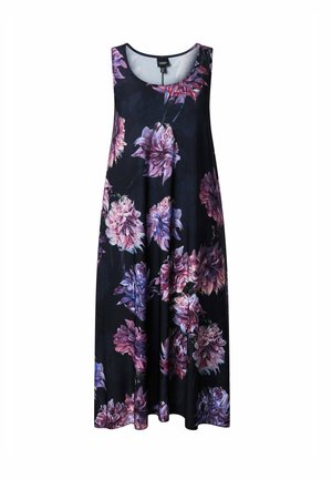 Černé midi šaty bez rukávů s kulatým výstřihem, zdobené velkými růžovými a fialovými květinovými potisky rozesetými po látce.