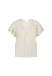 Lichtcrème blouse met korte, gegolfde mouwen en geborduurde details. Heeft een V-hals en een losse pasvorm voor comfortabel draagcomfort.