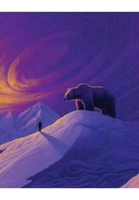 Œuvre d'art numérique représentant un coucher de soleil violet et orange, un grand ours sur une crête enneigée, avec une silhouette solitaire debout au premier plan contre des montagnes.
