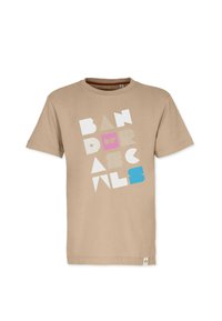 Beige cotton t-shirt with short sleeves, featuring a geometric text design in white, pink, and blue. Crew neckline, casual fit.