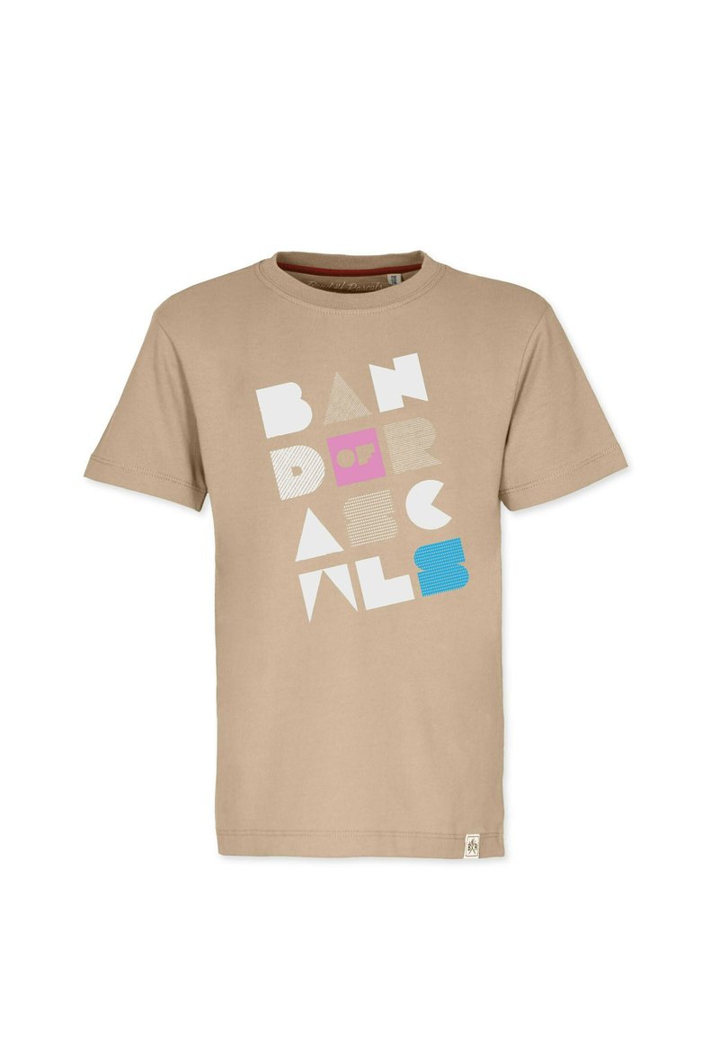 Beige cotton t-shirt with short sleeves, featuring a geometric text design in white, pink, and blue. Crew neckline, casual fit.