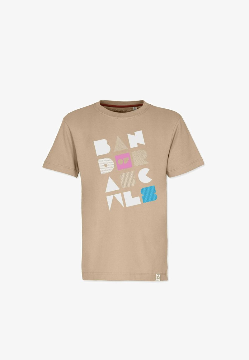 Beige cotton t-shirt with short sleeves, featuring a geometric text design in white, pink, and blue. Crew neckline, casual fit.