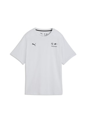T-shirt blanc à manches courtes avec logo Puma noir sur la poitrine gauche et logo BMW M Motorsport sur la poitrine droite.