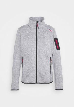 Veste gris clair à fermeture éclair intégrale avec col montant, bordure noire et fermetures éclair roses sur les poches avant et la poche de la manche gauche.