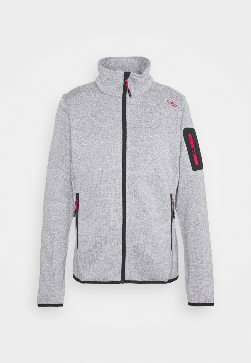 Veste gris clair à fermeture éclair intégrale avec col montant, bordure noire et fermetures éclair roses sur les poches avant et la poche de la manche gauche.