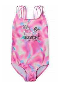 Maillot de bain une pièce rose avec un motif tourbillon multicolore, comportant un texte en argent métallique "Envoie-moi à la PLAGE" et des graphiques de palmiers.